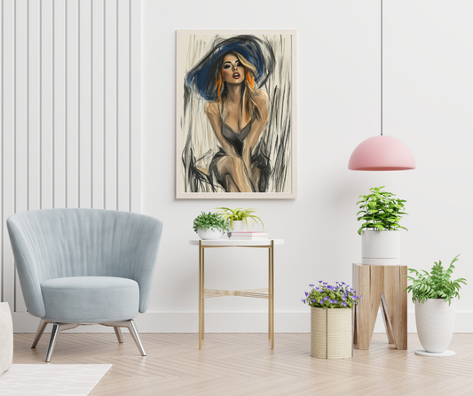 Elegant Blue Hat Fashion Portrait - Modern Art Illustration Mounted Framed Poster