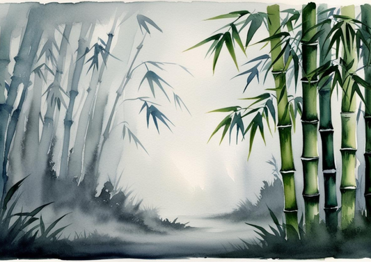 “Morning Mist” A watercolor of a quiet bamboo forest fading into the fog.