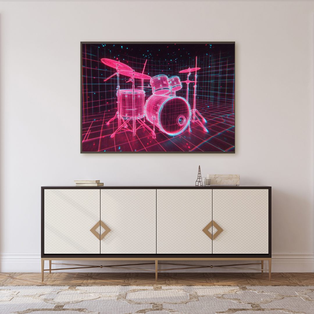 Neon Drumkit Mounted Framed Poster - 3D Synthwave Art with Retro Aesthetic