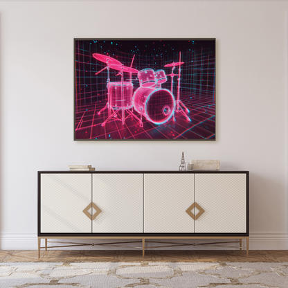 Neon Drumkit Mounted Framed Poster - 3D Synthwave Art with Retro Aesthetic