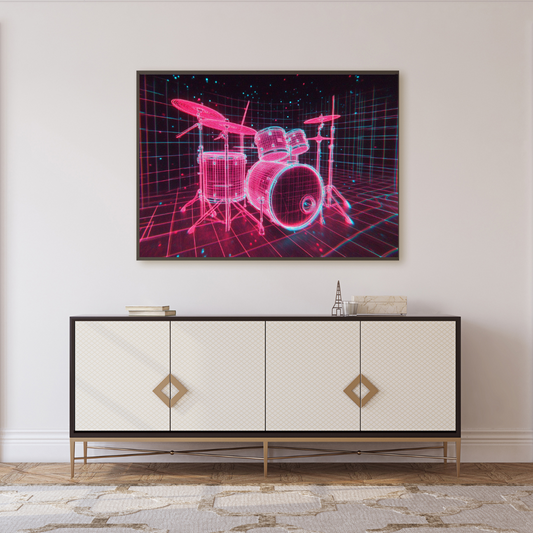 Neon Drumkit Mounted Framed Poster - 3D Synthwave Art with Retro Aesthetic