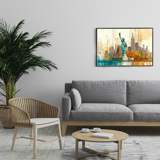 New York City Skyline Watercolor Art Print – Statue of Liberty & Empire State Building Framed Poster