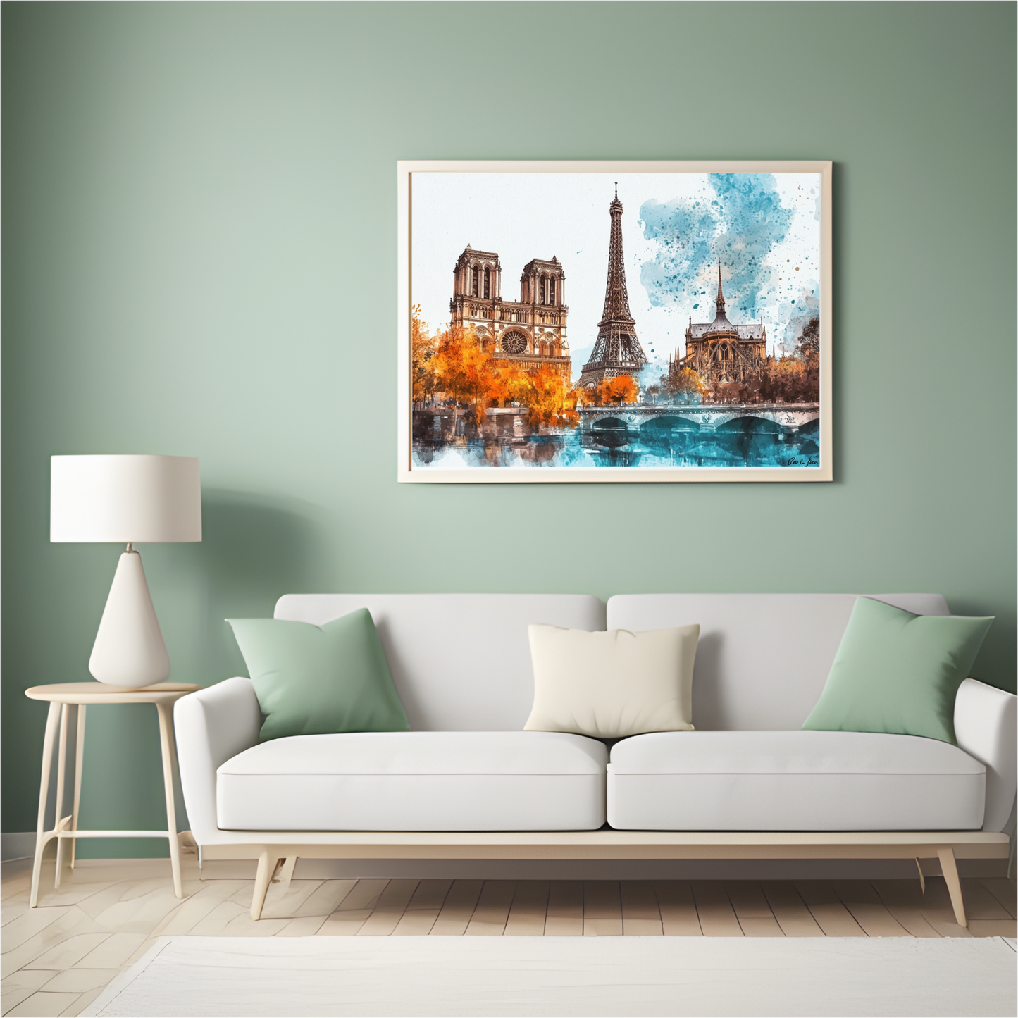 Paris Skyline Watercolor Art Print – Framed Eiffel Tower & Notre-Dame Poster