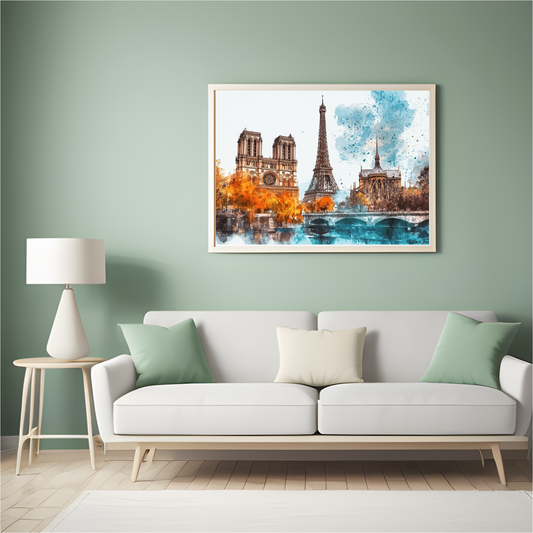 Paris Skyline Watercolor Art Print – Framed Eiffel Tower & Notre-Dame Poster