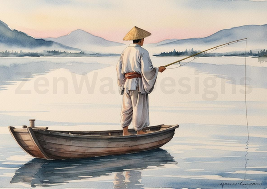 Solitude on Still Waters – Japanese Fisherman Watercolor Digital Download