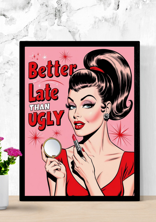 Better Late Than Ugly Retro Glam Wall Art – Pink & Red Vintage Pin-Up Poster