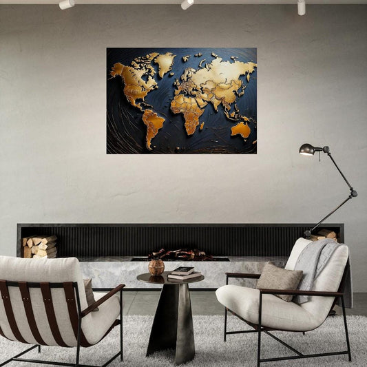 3D World Map Gold Poster - Luxurious Matte Finish | Perfect Home Decor Art Gift