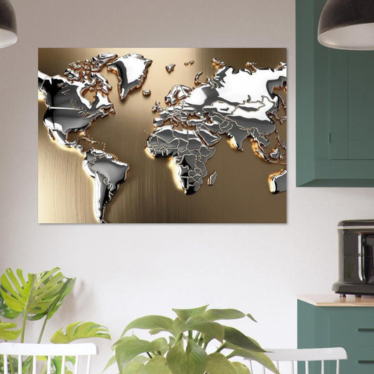 3D Metallic Silver Gold World Map Poster - Luxurious Modern Wall Art - Perfect for Home or Office Decor Wall Art Room Decor