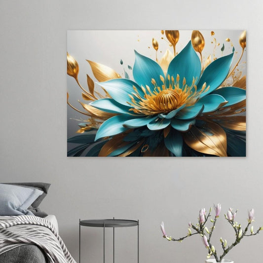 Abstract Flower Painting – Vibrant Gold & Turquoise Art Print