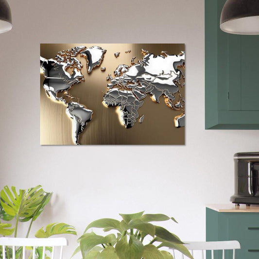 3D Metallic Silver Gold World Map Poster - Luxurious Modern Wall Art - Perfect for Home or Office Decor Wall Art Room Decor