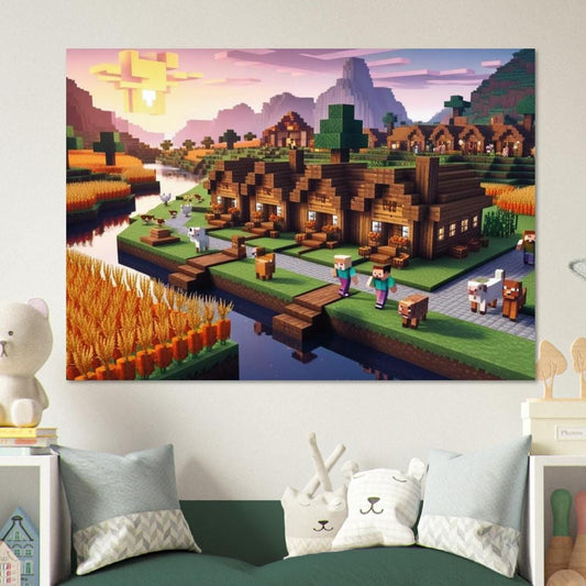 Adorable Pixel-Art Village Poster for Kids Room - Perfect Decor for Young Gamers Video Game Pixel